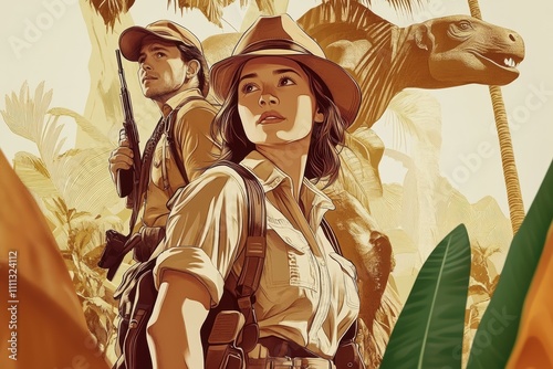 Adventurers stand in a prehistoric jungle with a dinosaur in the background.