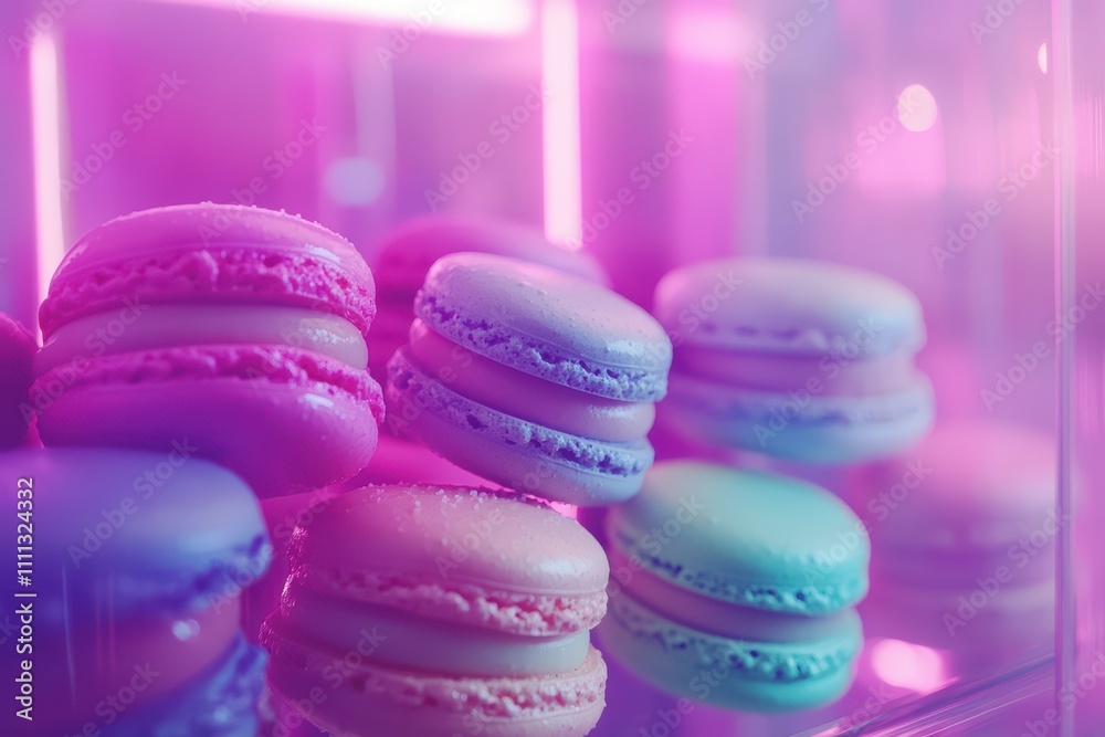 Colorful macarons displayed in a vibrant, illuminated setting. Colorful macarons displayed in a vibrant, illuminated setting.