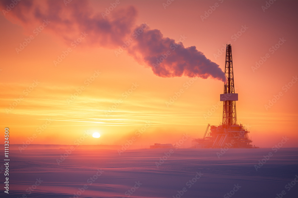 A drilling rig silhouetted against a frosty dawn, highlighting energy production in winter, with copy space. A drilling rig silhouetted against a frosty dawn, highlighting energy production in winter, with copy space.
