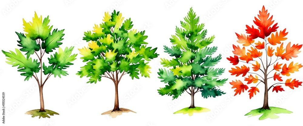 Fototapeta premium Vibrant watercolor trees: seasonal changes in green and red leaves