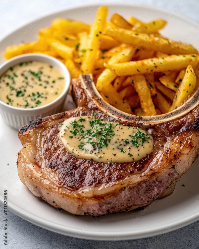 Delicious grilled pork chop with garlic sauce and fries restaurant dining culinary art cozy atmosphere close-up view Delicious grilled pork chop with garlic sauce and fries restaurant dining culinary art cozy atmosphere close-up view