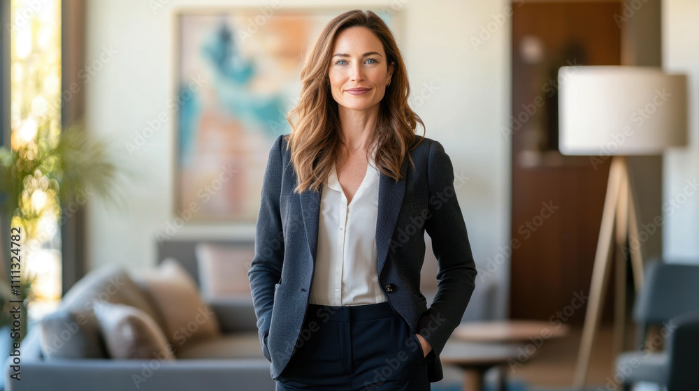 confident modern woman in business suit stands in stylish office setting, exuding professionalism and poise. Her warm smile adds friendly touch to corporate environment confident modern woman in business suit stands in stylish office setting, exuding professionalism and poise. Her warm smile adds friendly touch to corporate environment