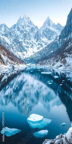 A breathtaking winter scene in a remote mountain range, showcasing icy blue waters reflecting snow-capped peaks under a clear sky. Tranquil and serene atmosphere.