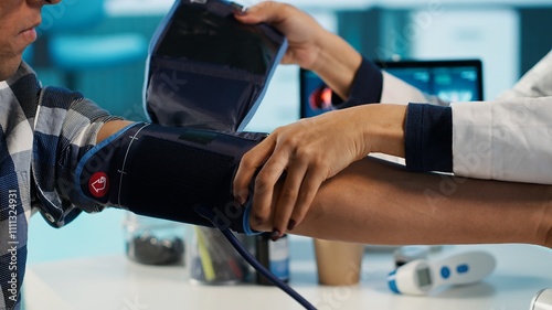 Indian specialist using blood pressure monitor to take the pulse and pressure for patient, consultation with professional equipment. Checking heartbeat and cardiac readings in cabinet. Camera A.