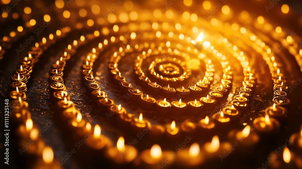 A Beautiful Display of Illuminated Oil Lamps in a Spiral Pattern Creating a Warm, Inviting Atmosphere for Festive Celebrations and Spiritual Events