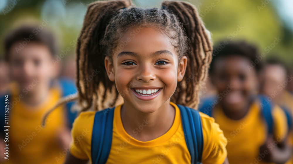 joyful girl with braided hair smiles brightly while running with classmates in yellow shirts. scene captures excitement of school sports activities