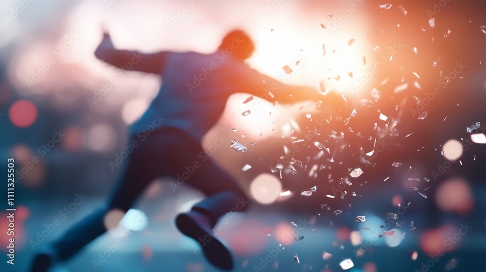 Naklejka premium Man joyfully leaping, sunset background, celebrating success.