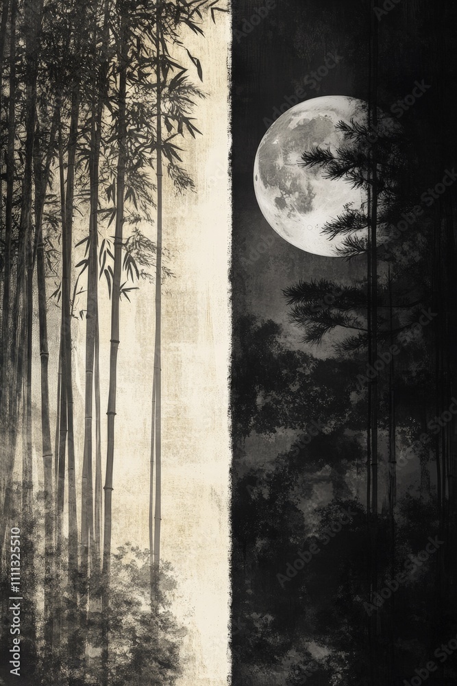 Split scene with a serene bamboo forest bathed in warm sunlight on the left, and a dark pine forest under moonlight on the right Split scene with a serene bamboo forest bathed in warm sunlight on the left, and a dark pine forest under moonlight on the right