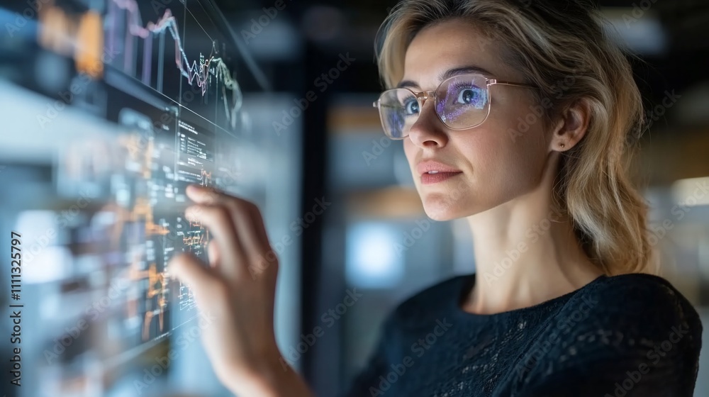 Focused businesswoman analyzing data on interactive screen. Focused businesswoman analyzing data on interactive screen.