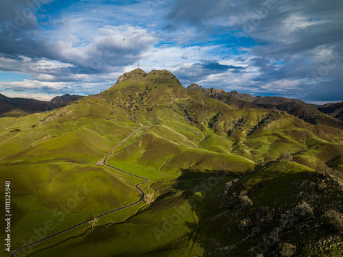 FEBRUARY 2023, SUTTER BUTTES, N CALIFORNIA, USA - aerial view of rolling green hills of Sutter Buttes Mountains, outside of Yuba CA photo