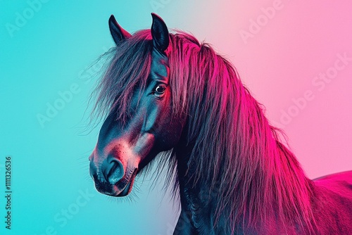 Majestic horse with long mane against a vibrant pink and blue background, showcasing beauty and elegance. Equine portrait concept. photo