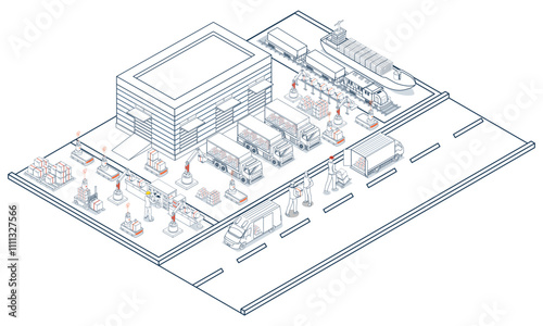 Smart logistics solutions integrate delivery robots, warehouse management, and transportation to optimize the entire supply chain process. Vector illustration eps10