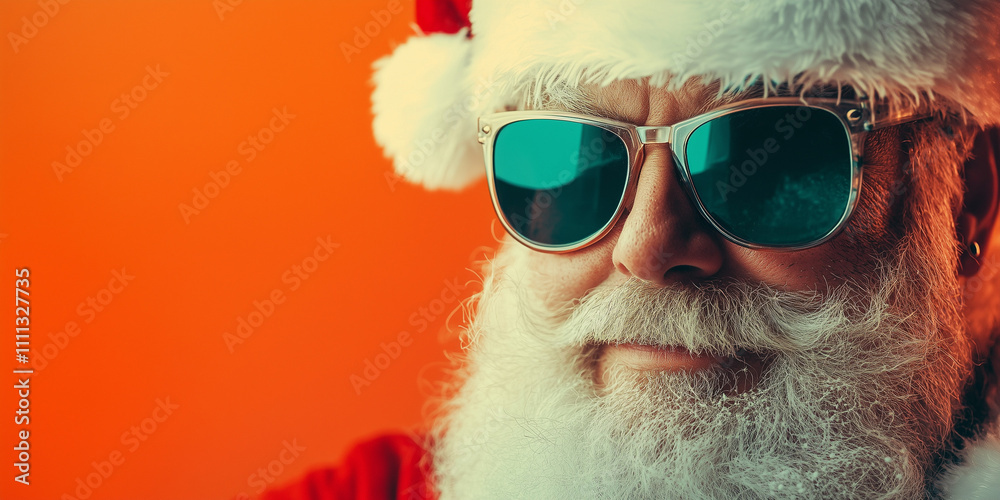 Santa Claus with glasses, happy, isolated red orange color background, image with space for text Santa Claus with glasses, happy, isolated red orange color background, image with space for text