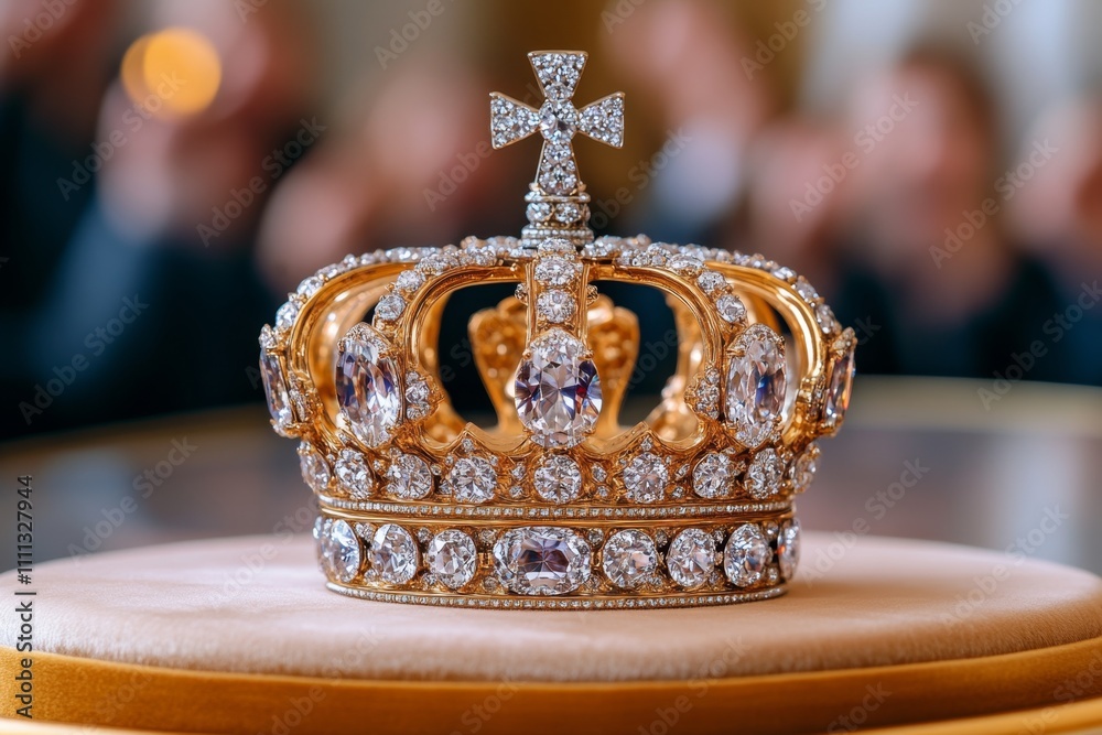 A crown being placed on the head of a new monarch during a ceremonial coronation, with cheering crowds in the background A crown being placed on the head of a new monarch during a ceremonial coronation, with cheering crowds in the background