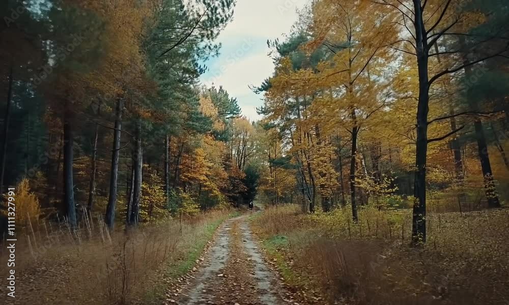 A serene autumn pathway surrounded by trees with colorful foliage. A serene autumn pathway surrounded by trees with colorful foliage.