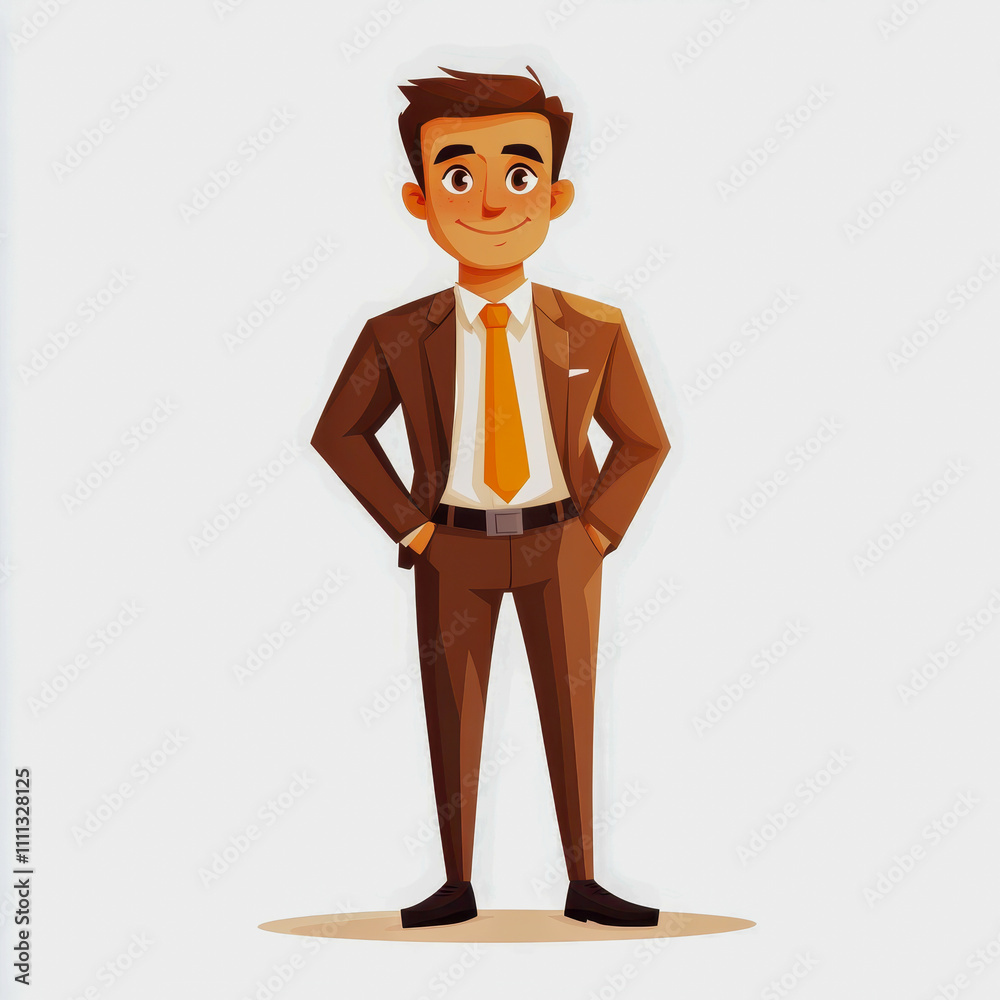 Cheerful cartoon businessman in a suit with orange tie standing confidently with hands in pockets on a light background, representing success and professionalism Cheerful cartoon businessman in a suit with orange tie standing confidently with hands in pockets on a light background, representing success and professionalism