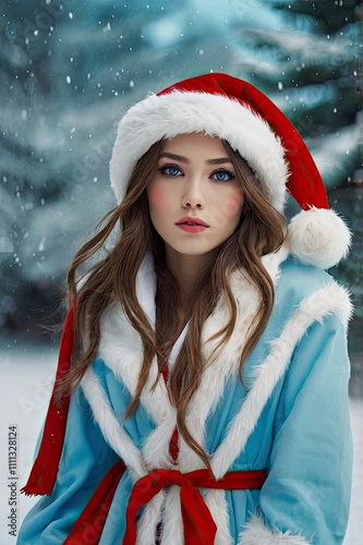 A full body portrait, Santa Claus costume in Japanese anime cartoon. cute woman. long brown hair, with light blue-black eyes, white skin, wear Santa Claus outfit. she is embodies femin photo