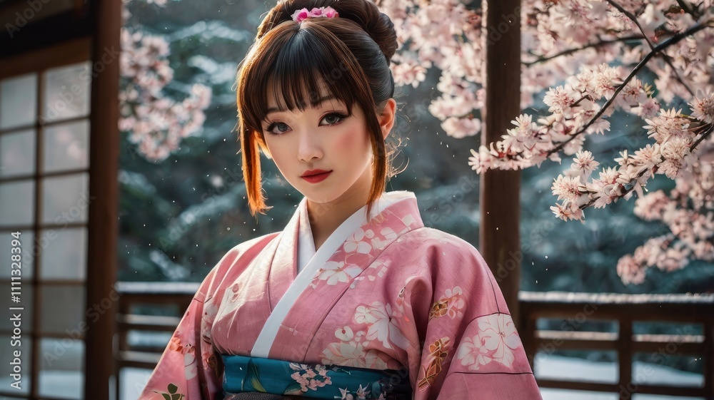 A full body portrait, traditional Japanese costume in Japanese anime cartoon. Ranma is cute woman. pigtail with shain red hair, with light blue-black eyes, white skin, wear long pink Japanese Yukata. A full body portrait, traditional Japanese costume in Japanese anime cartoon. Ranma is cute woman. pigtail with shain red hair, with light blue-black eyes, white skin, wear long pink Japanese Yukata.