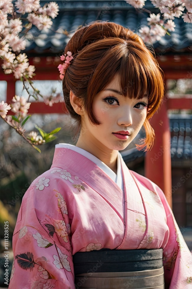 A full body portrait, traditional Japanese costume in Japanese anime cartoon. Ranma is cute woman. pigtail with shain red hair, with light blue-black eyes, white skin, wear long pink Japanese Yukata. A full body portrait, traditional Japanese costume in Japanese anime cartoon. Ranma is cute woman. pigtail with shain red hair, with light blue-black eyes, white skin, wear long pink Japanese Yukata.
