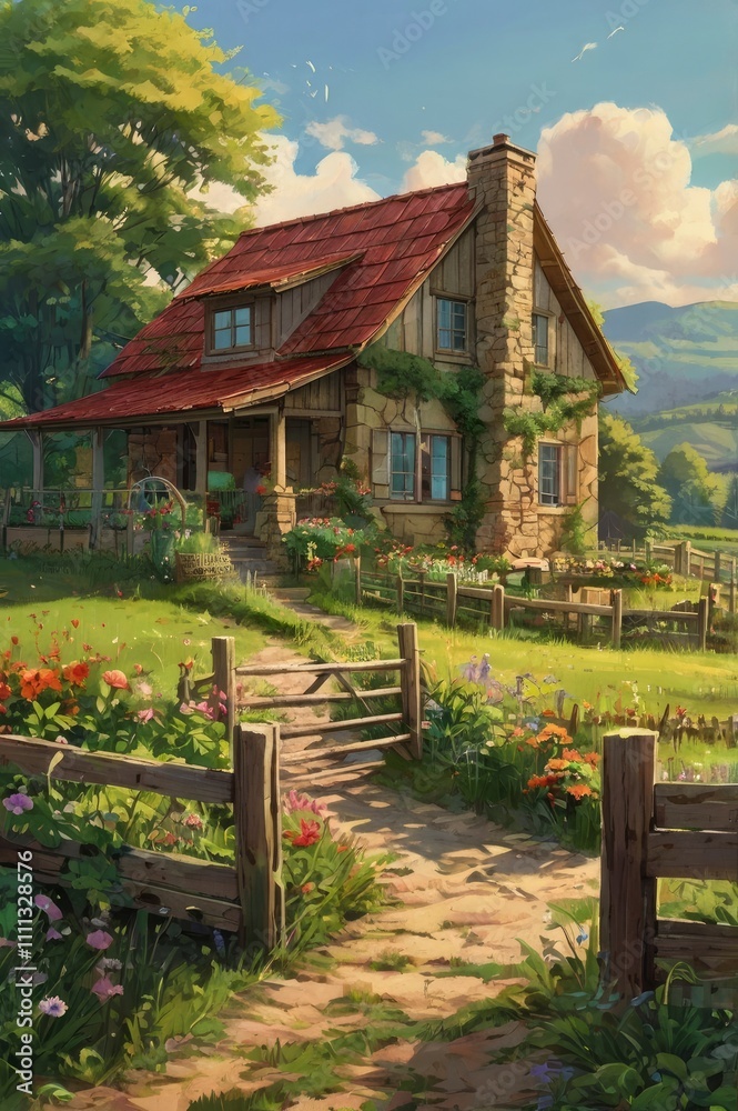 a beautiful country house nestled amidst lush greenery and rolling hills. The house is made of warm, weathered wood with a red tile roof, complete with a stone chimney that emits soft wisps of smoke. a beautiful country house nestled amidst lush greenery and rolling hills. The house is made of warm, weathered wood with a red tile roof, complete with a stone chimney that emits soft wisps of smoke.