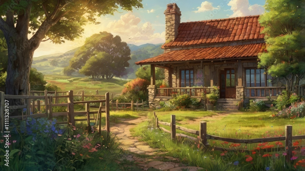 a beautiful country house nestled amidst lush greenery and rolling hills. The house is made of warm, weathered wood with a red tile roof, complete with a stone chimney that emits soft wisps of smoke. a beautiful country house nestled amidst lush greenery and rolling hills. The house is made of warm, weathered wood with a red tile roof, complete with a stone chimney that emits soft wisps of smoke.