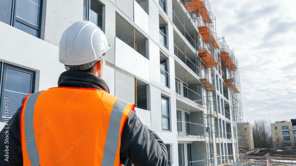 A close-up of an engineer inspecting the installation of precast concrete panels for a residential building facade, Residential building construction scene, Precast panel inspection style A close-up of an engineer inspecting the installation of precast concrete panels for a residential building facade, Residential building construction scene, Precast panel inspection style