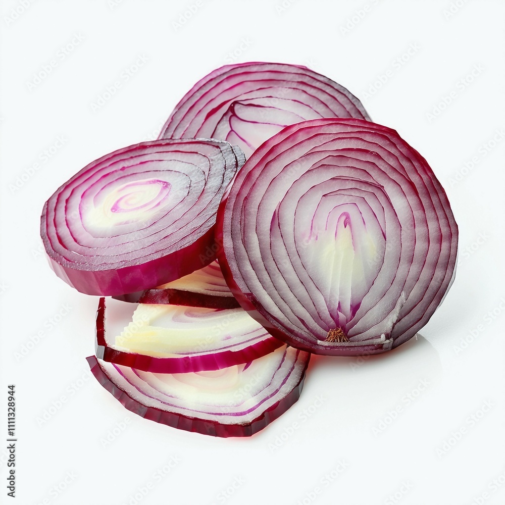 Fresh sliced red onions isolated on a white background. Perfect for cooking, recipes, or food designs, showcasing vibrant color, freshness, and natural ingredients. Fresh sliced red onions isolated on a white background. Perfect for cooking, recipes, or food designs, showcasing vibrant color, freshness, and natural ingredients.