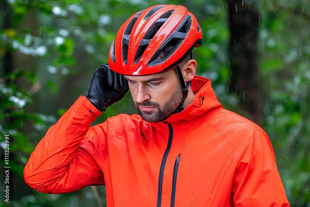 A detailed photo of a cyclist adjusting their helmet and gloves before setting off on a trail ride A detailed photo of a cyclist adjusting their helmet and gloves before setting off on a trail ride