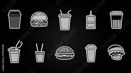  Fast food icon set featuring a variety of popular items such as burgers, fries, pizza, and drinks, designed with clean lines and vibrant colors, perfect for digital interfaces, menus, or food-related photo