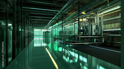 A large industrial plant with many tanks and pipes. The tanks are blue and the pipes are yellow. The scene is lit up by the moon and the lights