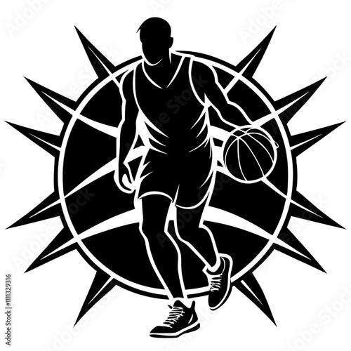 Vector Basketball Player Silhouette with Ball and Sunburst: A silhouette of a basketball player dribbling the ball with a sunburst behind him. 