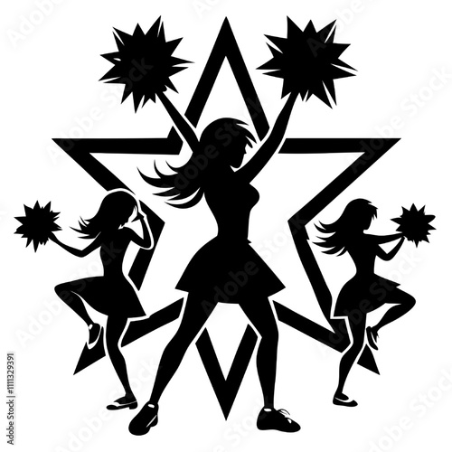 Vector Cheerleaders Silhouette Star: Three energetic cheerleaders, silhouetted against a starburst, create a dynamic and spirited image. Perfect for sports, school spirit, or team-themed designs. 