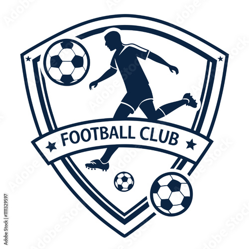 Vector Football Club Emblem:  A striking emblem design featuring a dynamic soccer player in action, surrounded by footballs, set within a bold shield shape. Perfect for team branding.