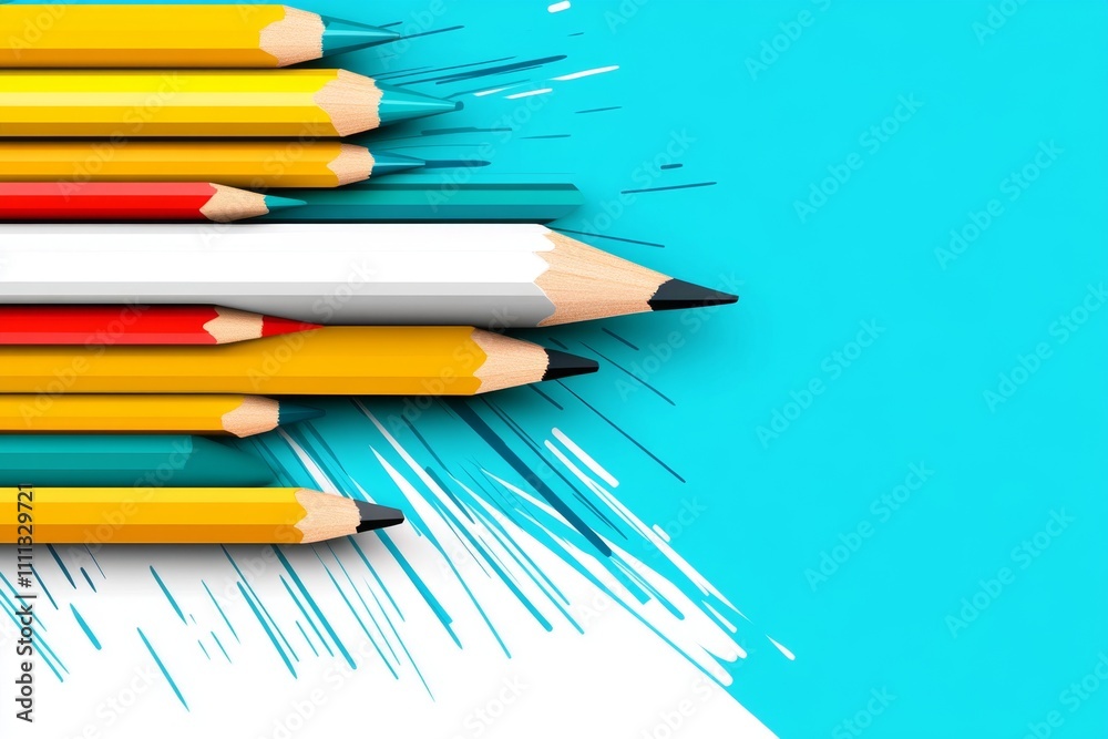 Fototapeta premium A flat vector design of a single pencil surrounded by abstract, colorful lines representing creativity