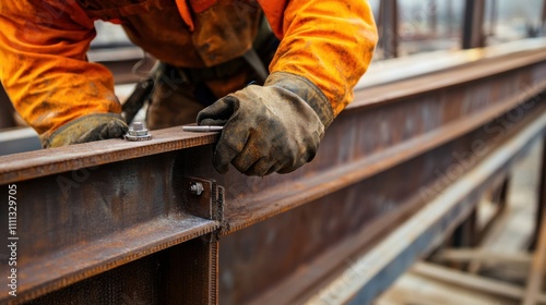 A close-up of an ironworker bolting structural steel beams together at a high-rise building construction site, High-rise steel erection scene, Structural connectivity style