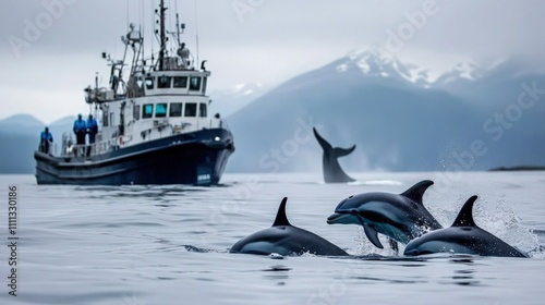 Three dolphins leap, boat, mountains, ocean.