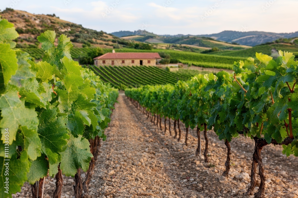 Obraz premium Picturesque vineyard landscape with rustic farmhouse