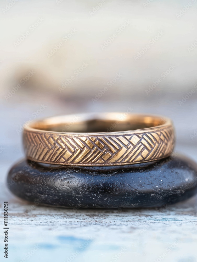 Intricate golden wedding band on a dark stone background Intricate golden wedding band on a dark stone background