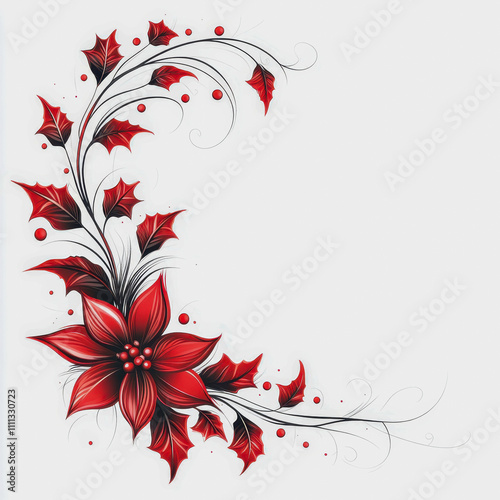 Beautiful hand-drawn poinsettia flower with red petals, green leaves, and swirling vines on a white background for festive decorations and holiday cheer