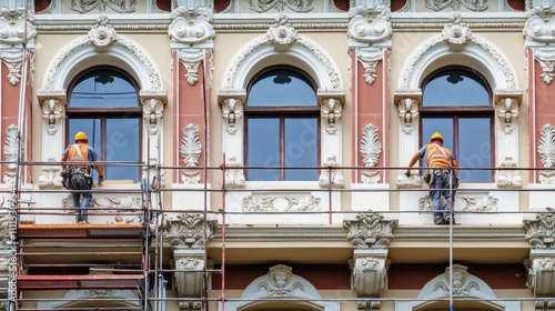 A commercial building renovation site with workers restoring facade details, Building renovation scene, Restoration and craftsmanship style