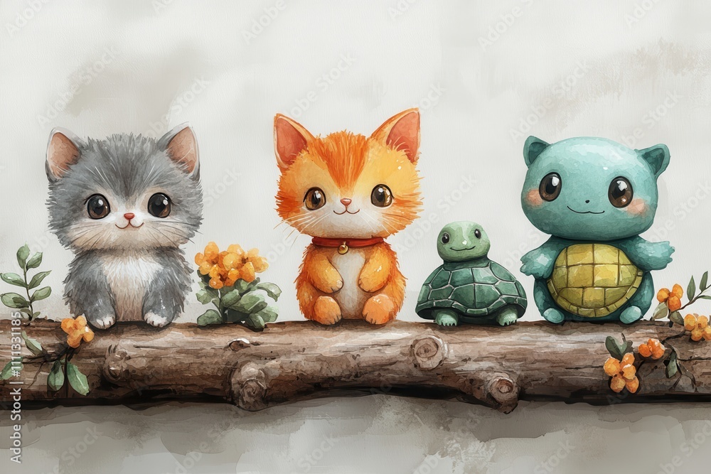A cute illustration featuring a gray cat, orange cat, turtle, and a turtle-like creature.