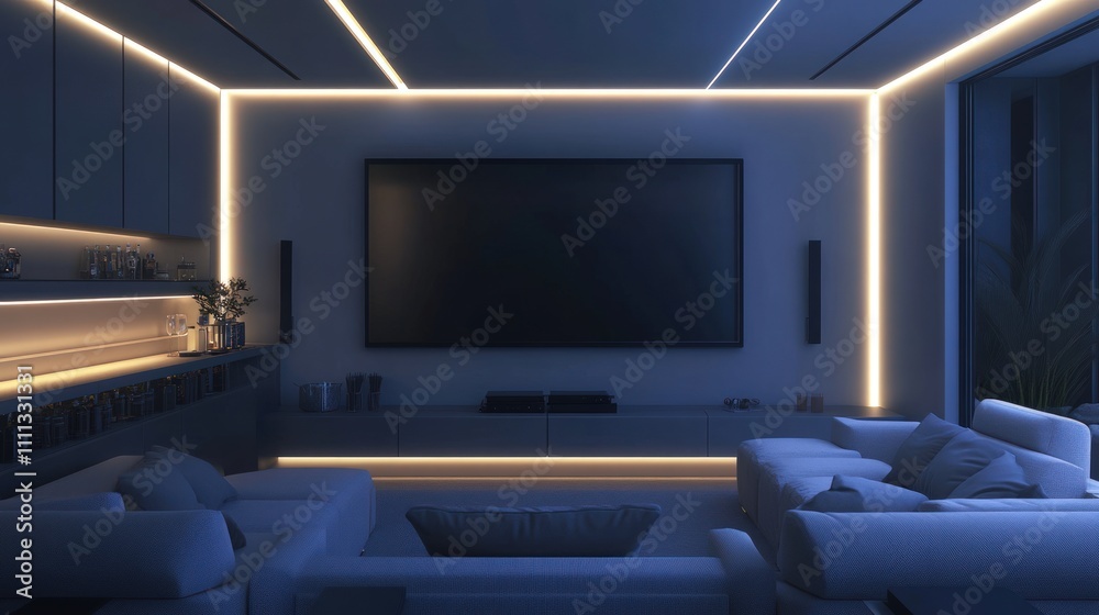 Modern home theater, ambient lighting, comfortable seating.