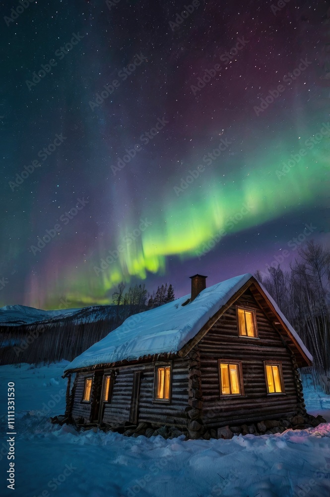 a house on top of a mountain on a night of the Northern Lights a house on top of a mountain on a night of the Northern Lights