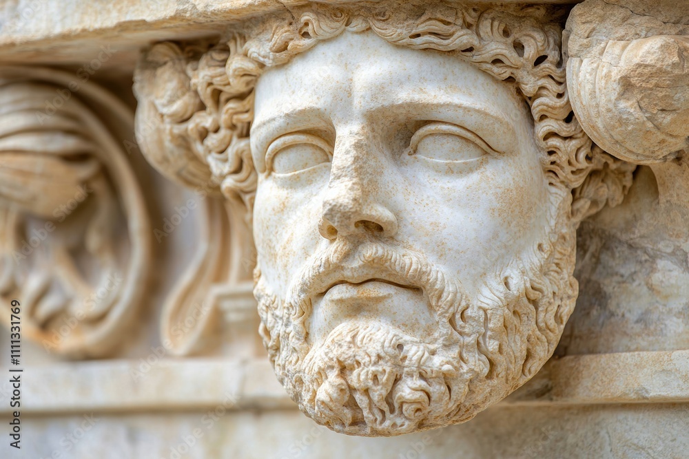 Detailed stone carving of a bearded man's face Detailed stone carving of a bearded man's face