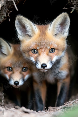 Curious red foxes peeking out from den