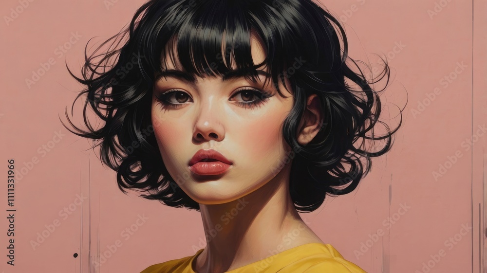 Fototapeta premium vintage sticker of a full body portrait of a woman in the Japanese retro anime style of the 80s and 90s. The scene features a top model with wild hair, exuding confidence and allure