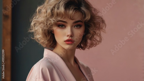 vintage sticker of a full body portrait of a woman in the Japanese retro anime style of the 80s and 90s. The scene features a top model with wild hair, exuding confidence and allure