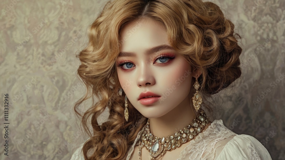 Fototapeta premium Woman beauty, manhwa style, a lot of details, good detailing, beautiful makeup, jewelry, crystal and precious stone jewelry, eyelashes, expression, full view, hairstyle, curly locks. Textured. Aesthet