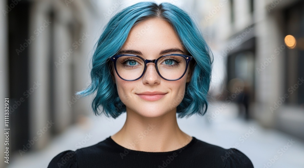 woman with blue hair and glasses smiling woman with blue hair and glasses smiling