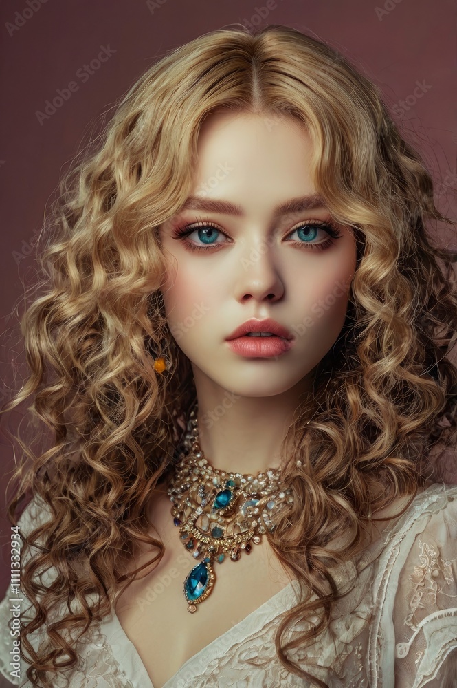 Fototapeta premium Woman beauty, manhwa style, a lot of details, good detailing, beautiful makeup, jewelry, crystal and precious stone jewelry, eyelashes, expression, full view, hairstyle, curly locks. Textured. Aesthet